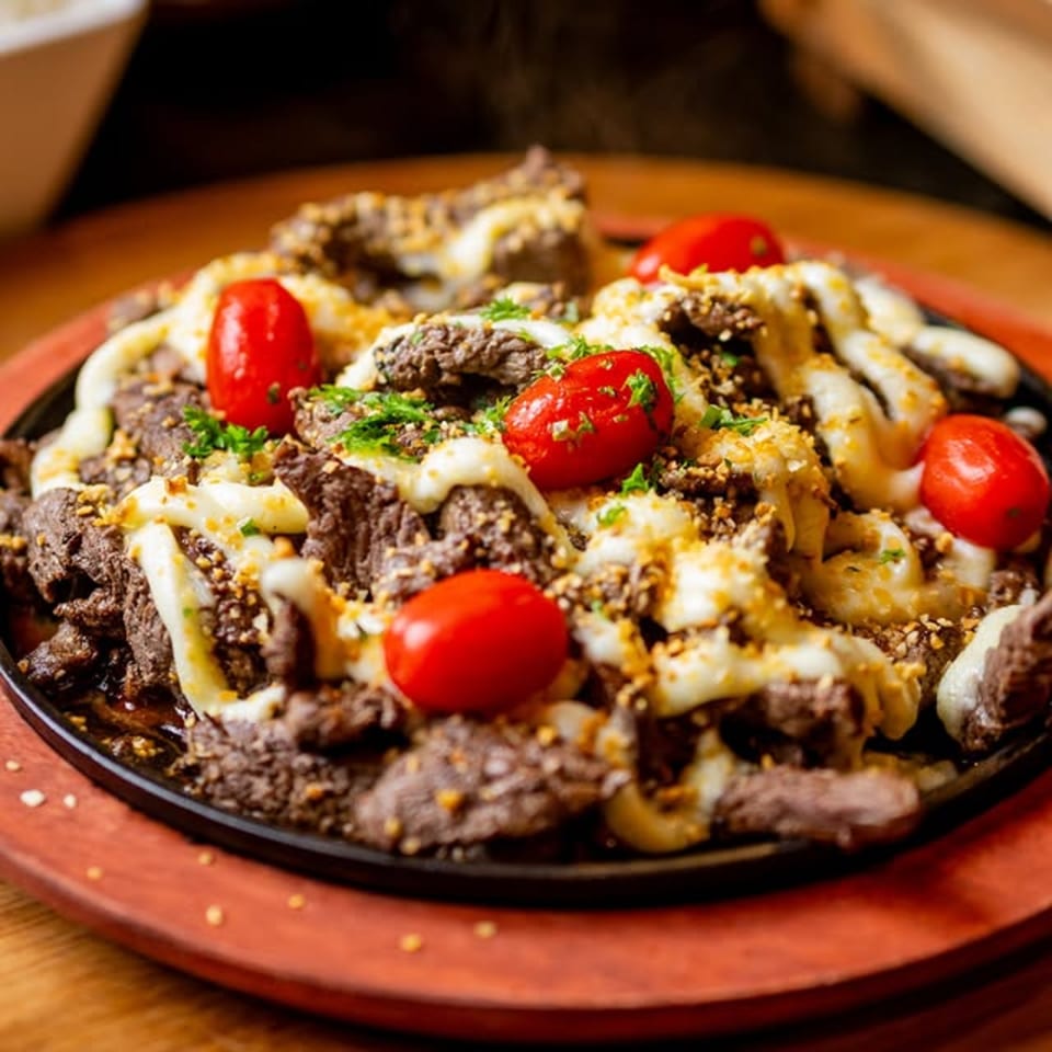 Sizzling beef strips topped with melted cheese, cherry tomatoes, and herbs on a black plate.